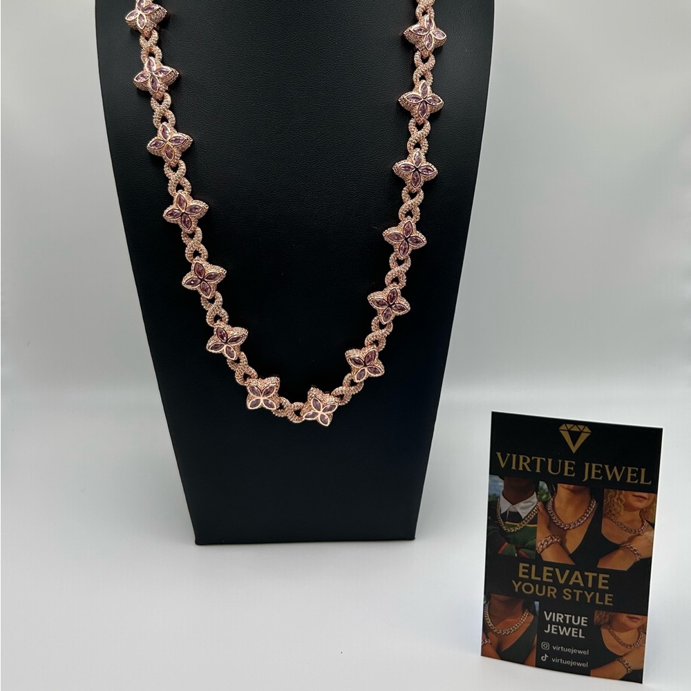 Flower 4 Leaf Clover Iced Out Rose Gold Premium Quality Chain